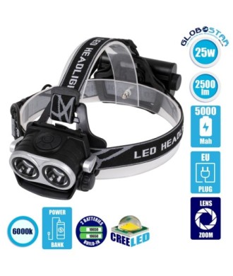 GloboStar® 79063 Φακός Κεφαλής Επαναφορτιζόμενος και Powerbank Mode 2 x LED CREE COB XML2-T6 Chip 25 Watt 2500lm με 2 x 18650 Μπαταρίες 5000mAh και με Φορτιστή Πρίζας Αδιάβροχος IP65 Ψυχρό Λευκό 6000K